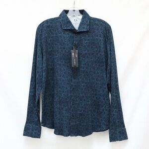 NWT E+L Tech men's button-down shirt 4 way stretch blue heart print cotton Small
